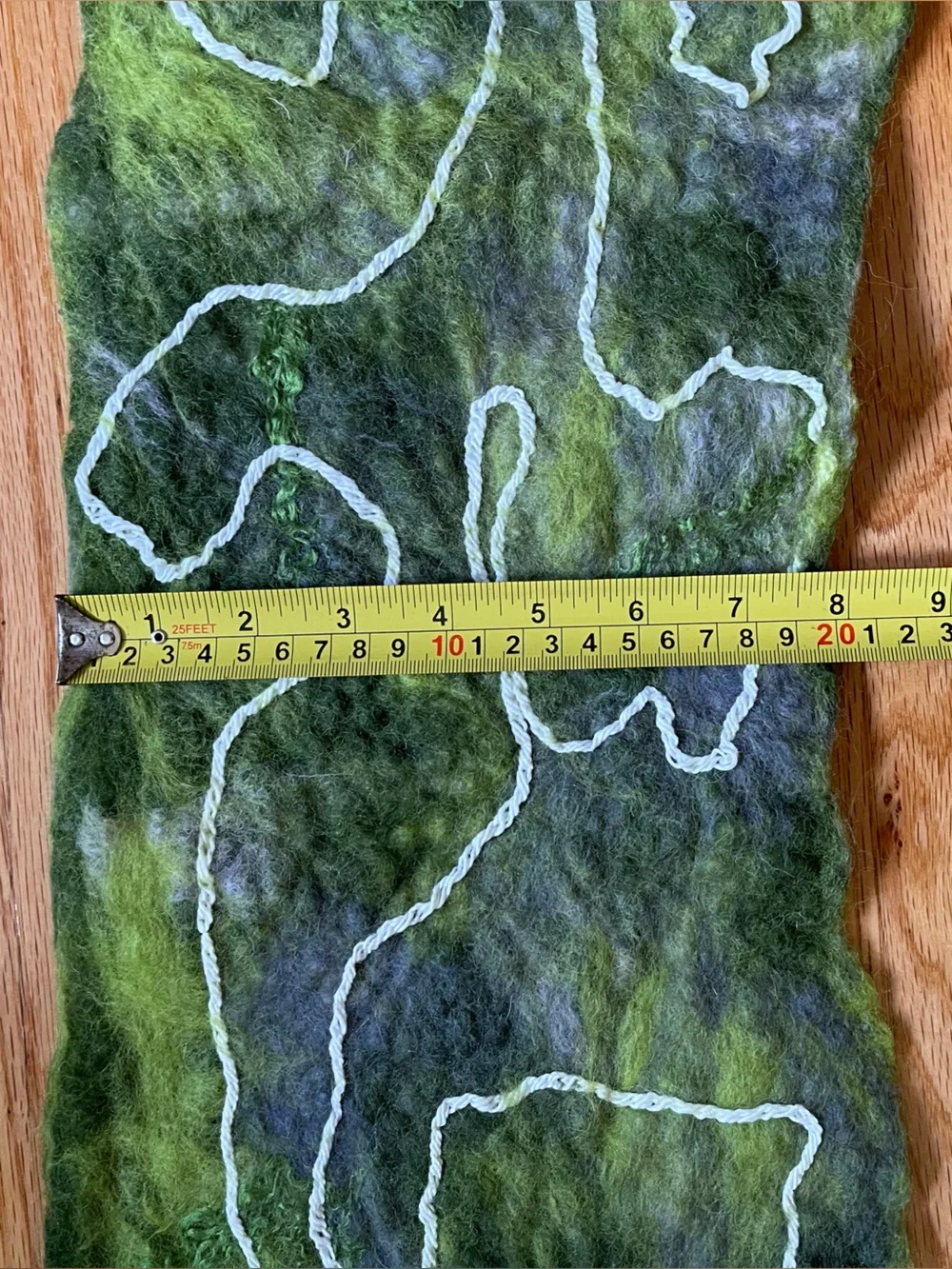 Olive Green and Gray Felted Merino Wool Scarf with White Embellished Yarns
